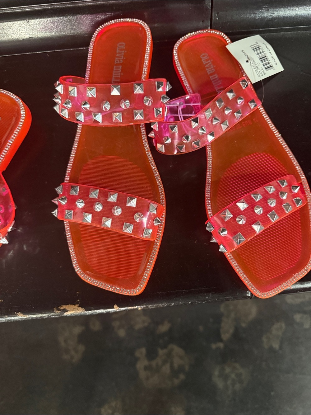 Olivia Miller Pink-Red Studded Jelly Slide Sandals